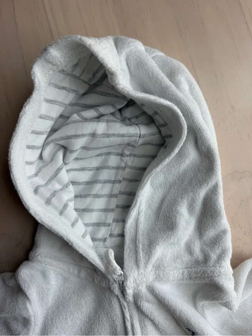 Carter's White Hooded Terry Baby Romper with Gray Stripes